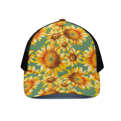 Sage Watercolor Sunflower Pattern Print Black Mesh Trucker Cap