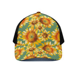 Sage Watercolor Sunflower Pattern Print Black Mesh Trucker Cap