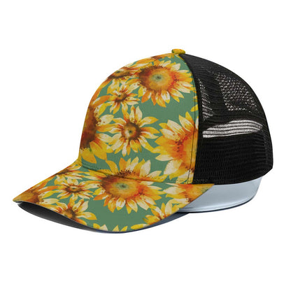 Sage Watercolor Sunflower Pattern Print Black Mesh Trucker Cap