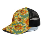 Sage Watercolor Sunflower Pattern Print Black Mesh Trucker Cap