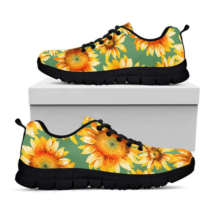 Sage Watercolor Sunflower Pattern Print Black Running Shoes