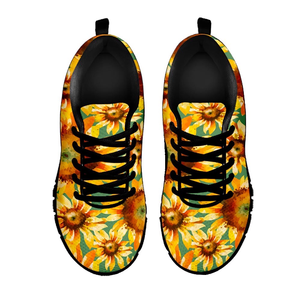 Sage Watercolor Sunflower Pattern Print Black Running Shoes