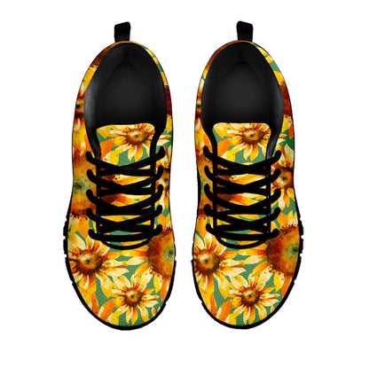 Sage Watercolor Sunflower Pattern Print Black Running Shoes