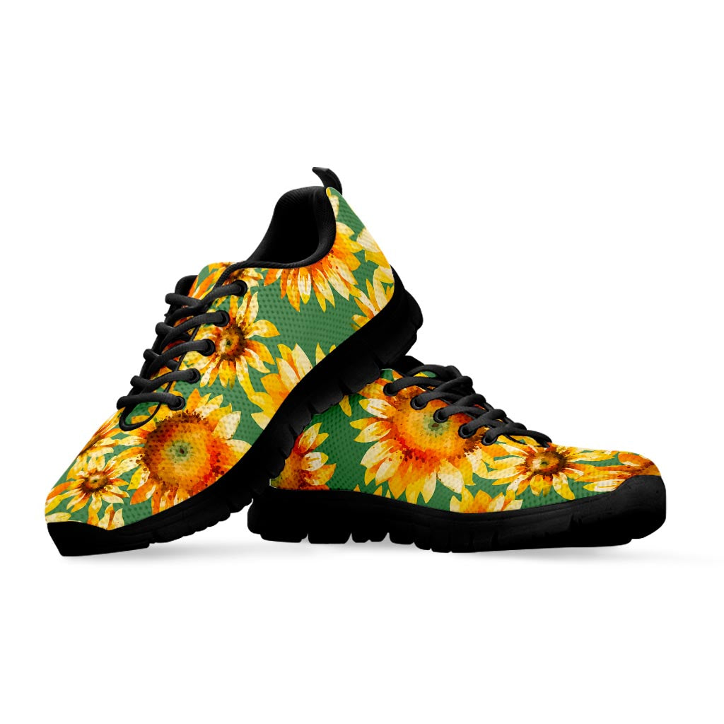 Sage Watercolor Sunflower Pattern Print Black Running Shoes