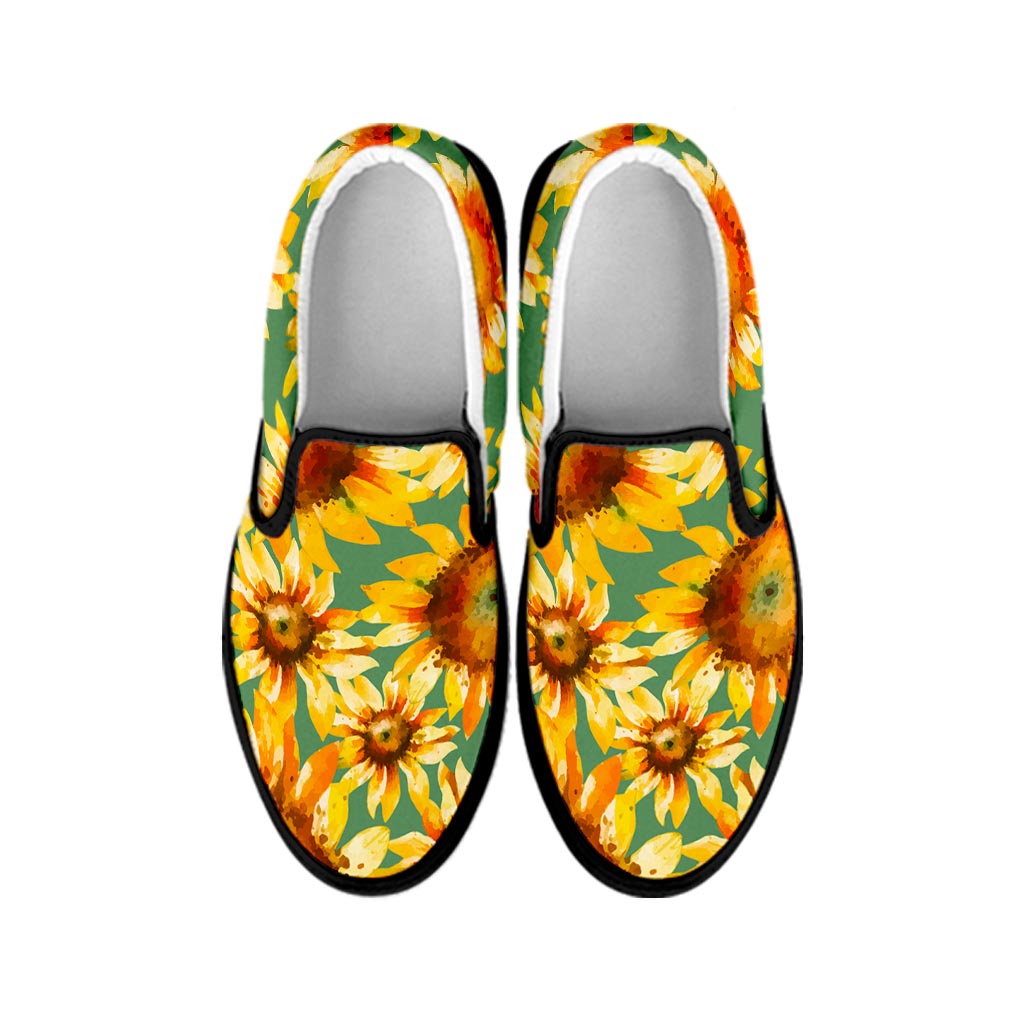 Sage Watercolor Sunflower Pattern Print Black Slip On Sneakers