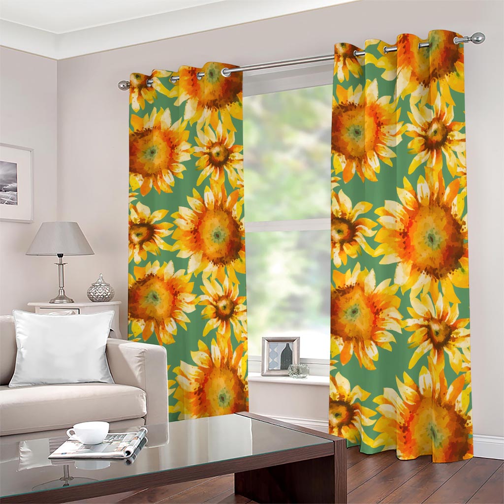 Sage Watercolor Sunflower Pattern Print Blackout Grommet Curtains