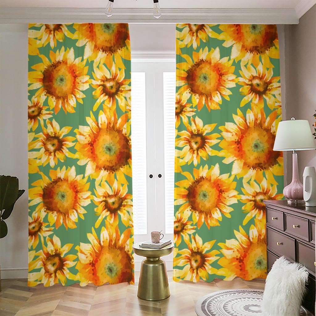 Sage Watercolor Sunflower Pattern Print Blackout Pencil Pleat Curtains