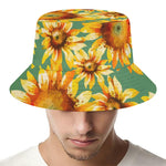 Sage Watercolor Sunflower Pattern Print Bucket Hat
