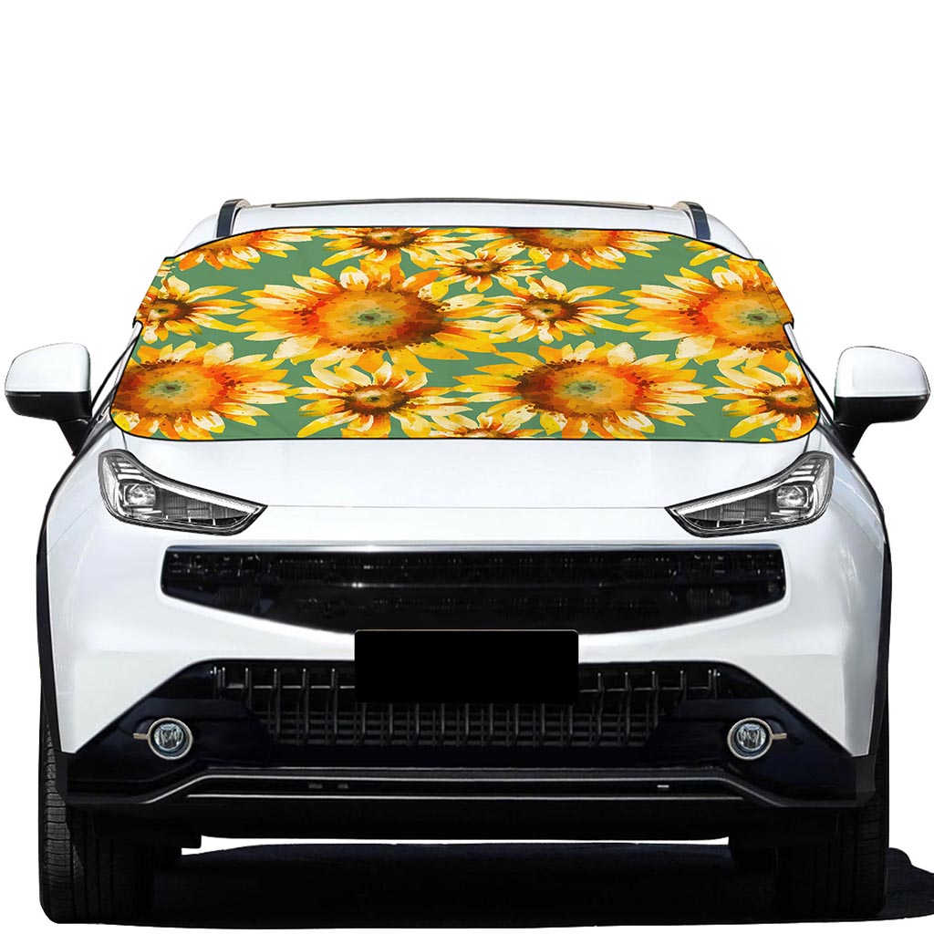 Sage Watercolor Sunflower Pattern Print Car Windshield Snow Cover