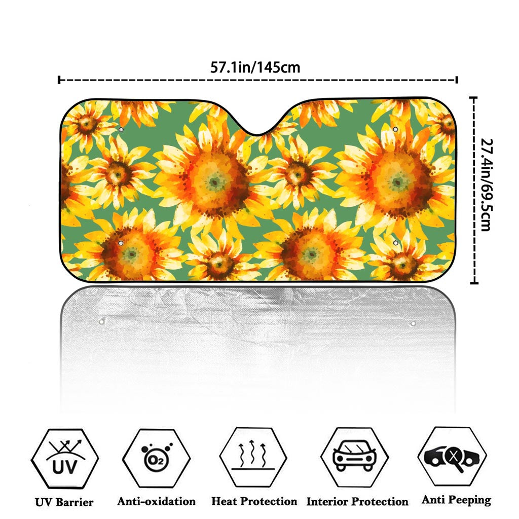 Sage Watercolor Sunflower Pattern Print Car Windshield Sun Shade