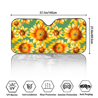 Sage Watercolor Sunflower Pattern Print Car Windshield Sun Shade