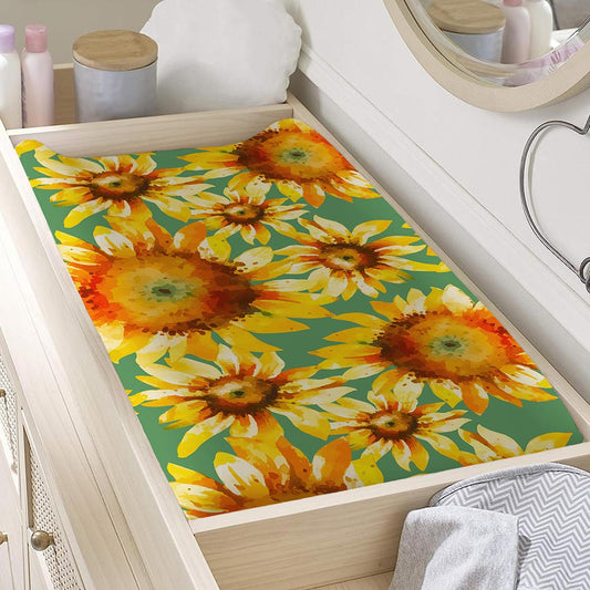 Sage Watercolor Sunflower Pattern Print Changing Pad Cover