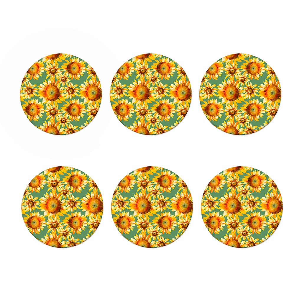 Sage Watercolor Sunflower Pattern Print Coaster Set