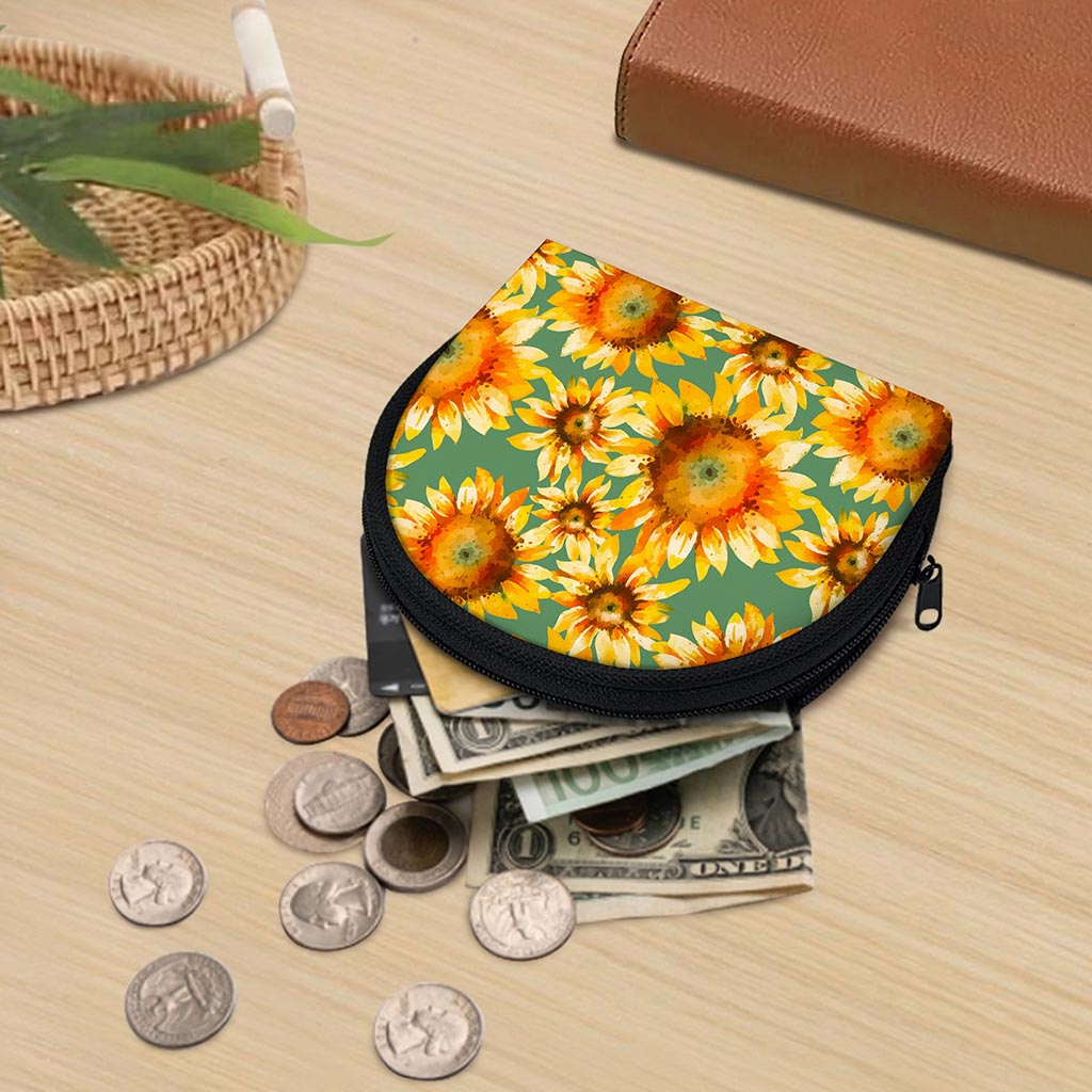 Sage Watercolor Sunflower Pattern Print Coin Purse