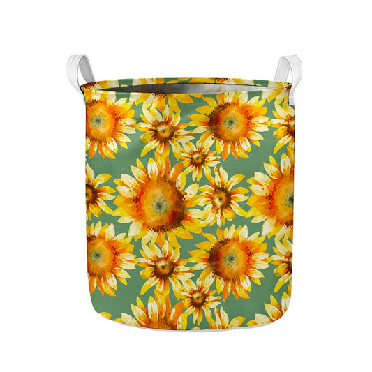 Sage Watercolor Sunflower Pattern Print Collapsible Laundry Basket