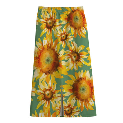 Sage Watercolor Sunflower Pattern Print Cotton Front Slit Maxi Skirt