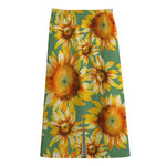 Sage Watercolor Sunflower Pattern Print Cotton Front Slit Maxi Skirt