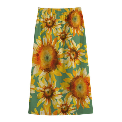 Sage Watercolor Sunflower Pattern Print Cotton Front Slit Maxi Skirt