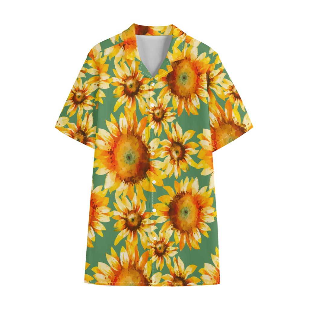 Sage Watercolor Sunflower Pattern Print Cotton Hawaiian Shirt
