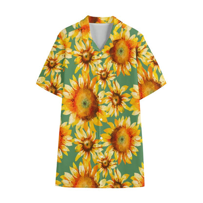 Sage Watercolor Sunflower Pattern Print Cotton Hawaiian Shirt