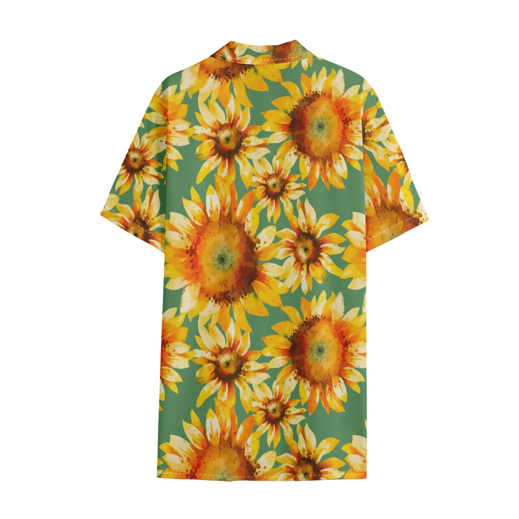 Sage Watercolor Sunflower Pattern Print Cotton Hawaiian Shirt