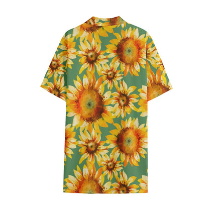 Sage Watercolor Sunflower Pattern Print Cotton Hawaiian Shirt