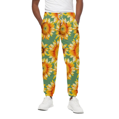 Sage Watercolor Sunflower Pattern Print Cotton Pants