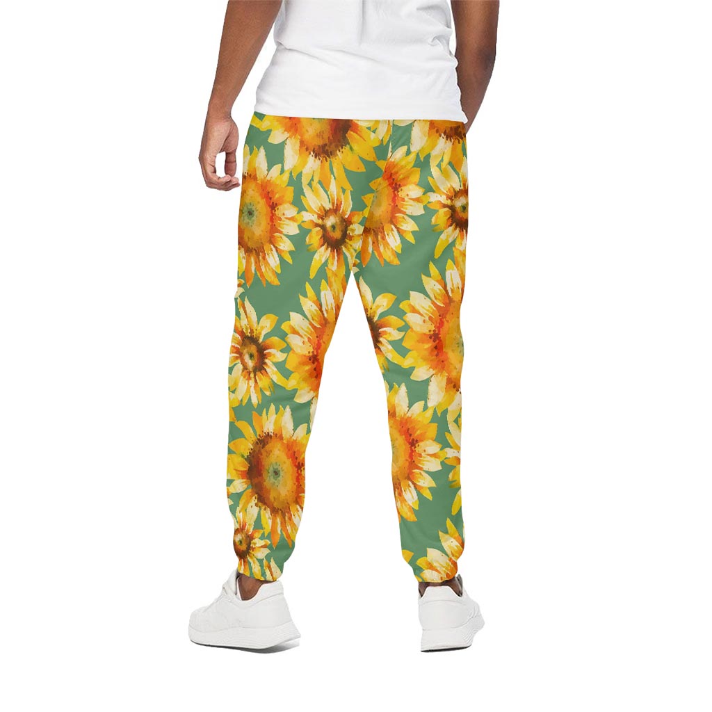 Sage Watercolor Sunflower Pattern Print Cotton Pants