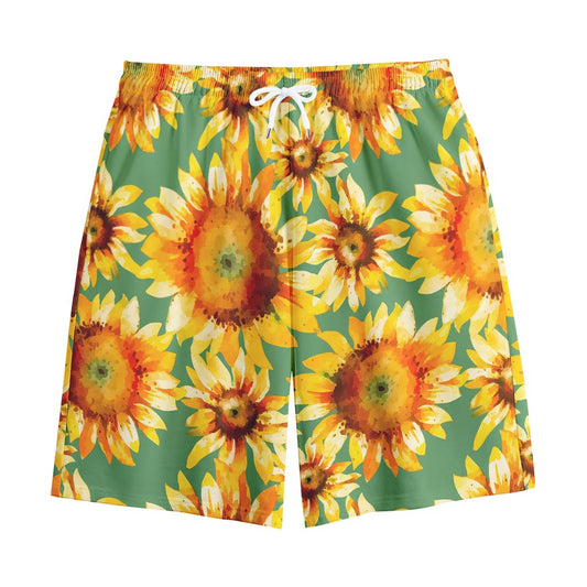 Sage Watercolor Sunflower Pattern Print Cotton Shorts