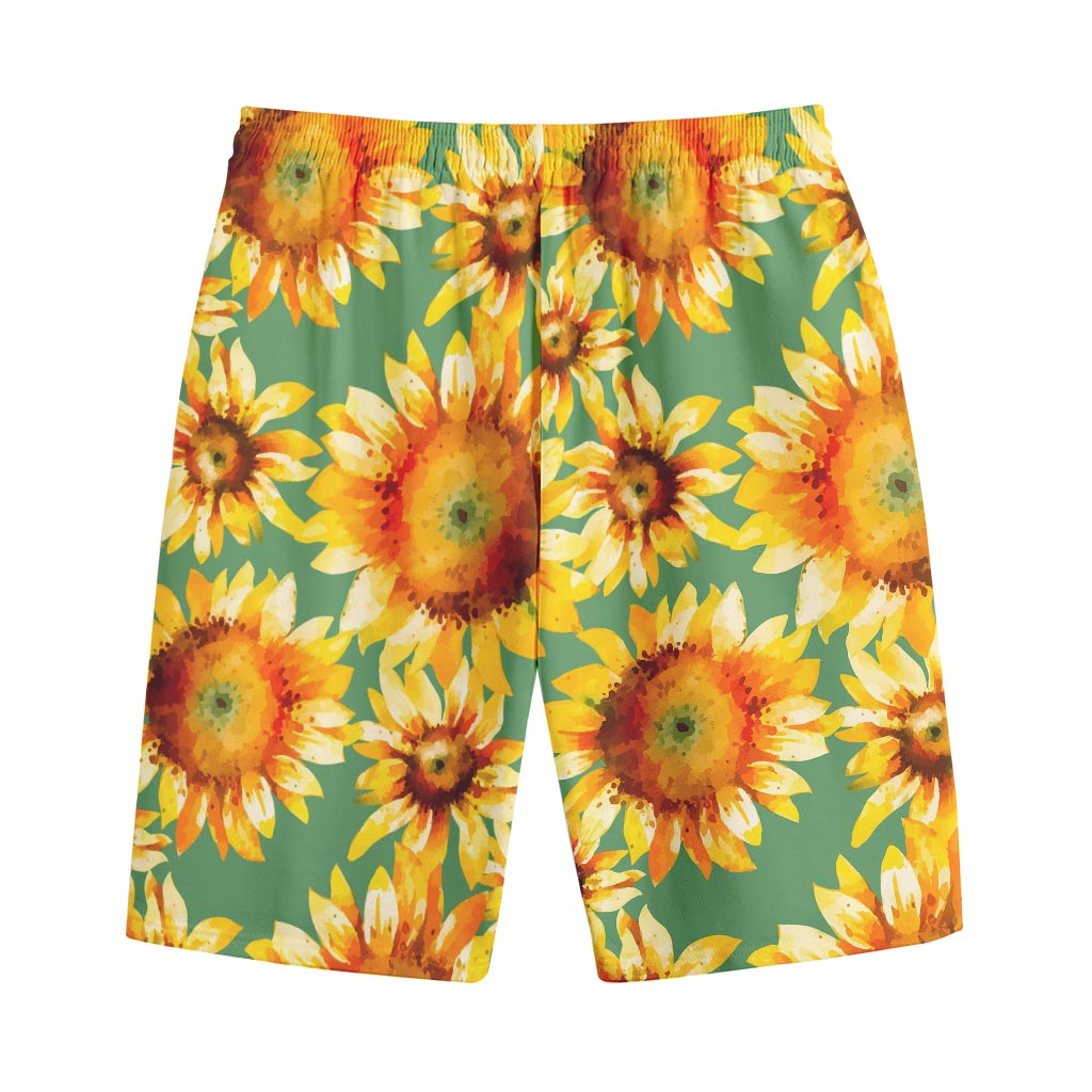 Sage Watercolor Sunflower Pattern Print Cotton Shorts