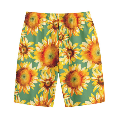 Sage Watercolor Sunflower Pattern Print Cotton Shorts