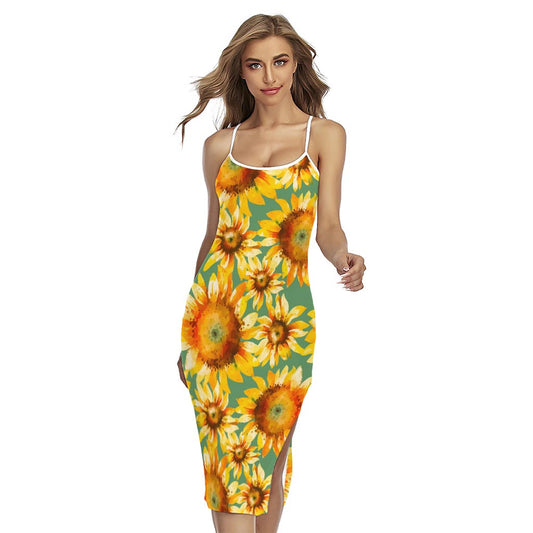 Sage Watercolor Sunflower Pattern Print Cross Back Cami Dress