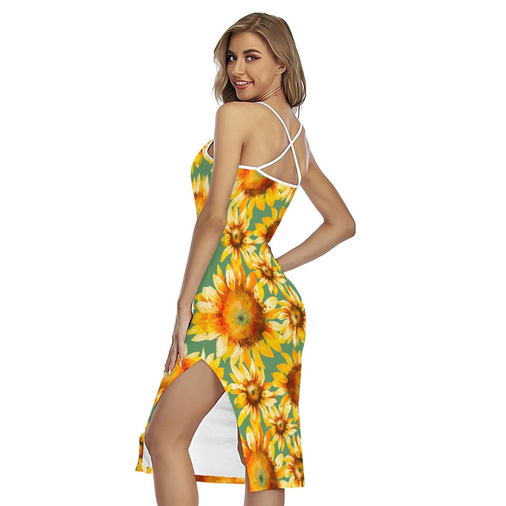 Sage Watercolor Sunflower Pattern Print Cross Back Cami Dress