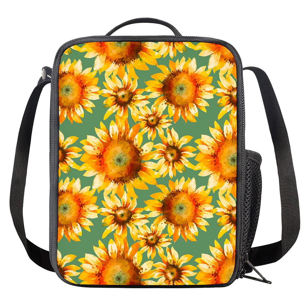 Sage Watercolor Sunflower Pattern Print Crossbody Lunch Bag