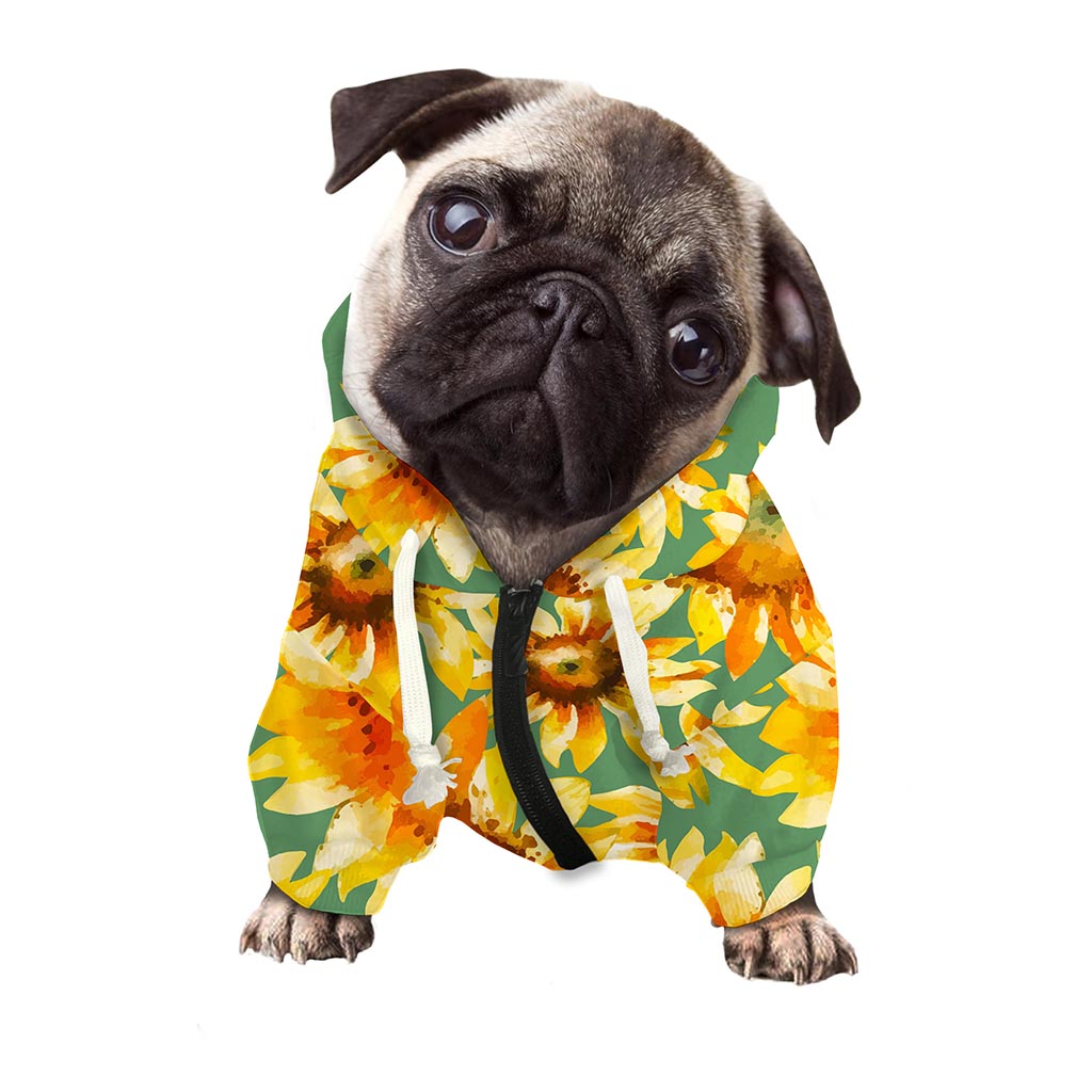 Sage Watercolor Sunflower Pattern Print Dog Zip Up Hoodie