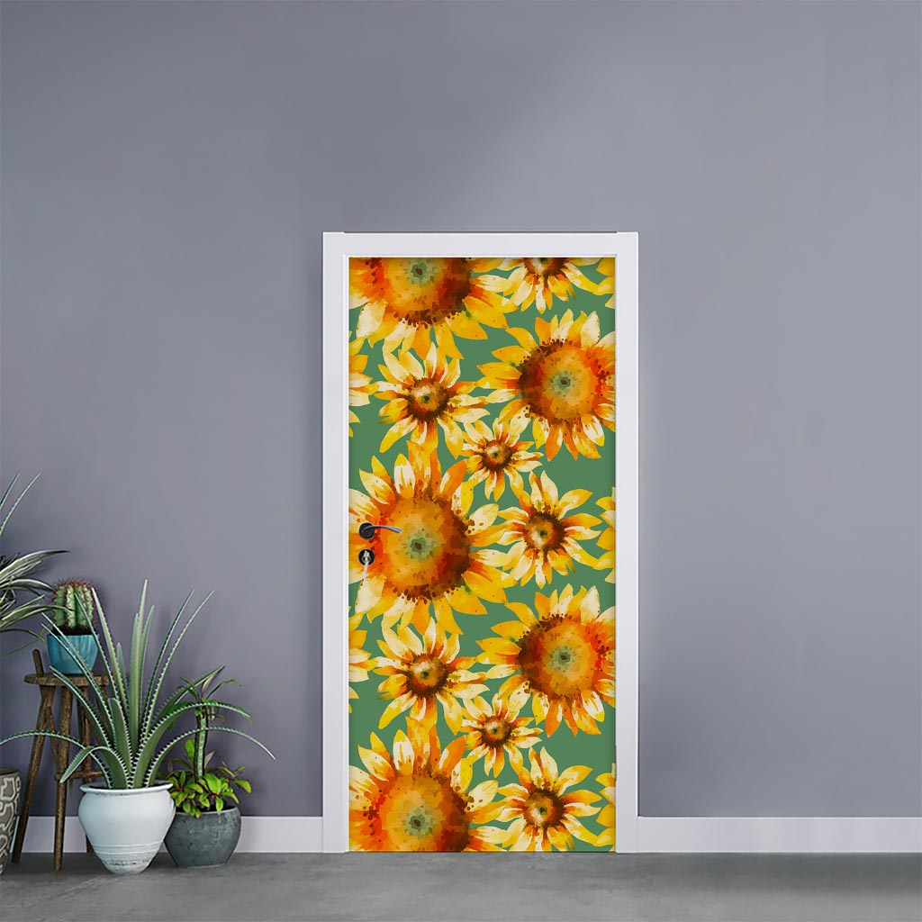 Sage Watercolor Sunflower Pattern Print Door Sticker