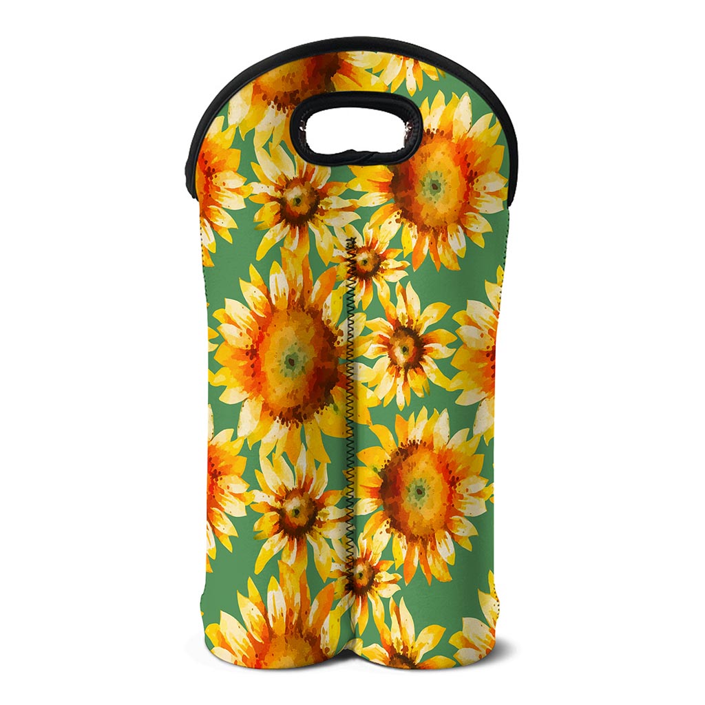 Sage Watercolor Sunflower Pattern Print Double Neoprene Wine Tote