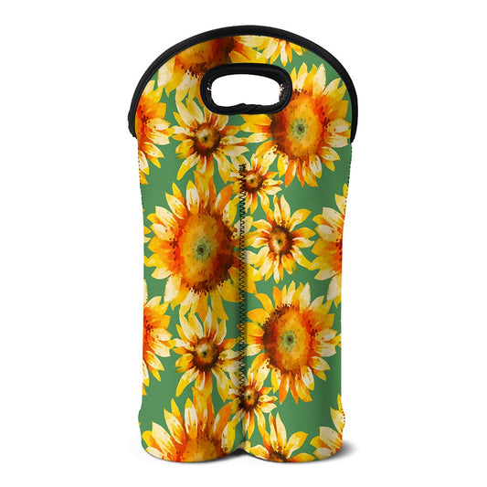 Sage Watercolor Sunflower Pattern Print Double Neoprene Wine Tote