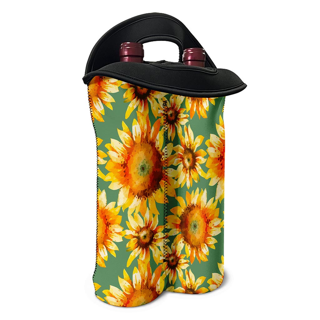 Sage Watercolor Sunflower Pattern Print Double Neoprene Wine Tote