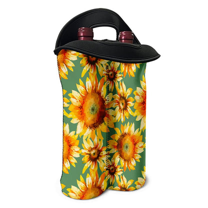 Sage Watercolor Sunflower Pattern Print Double Neoprene Wine Tote