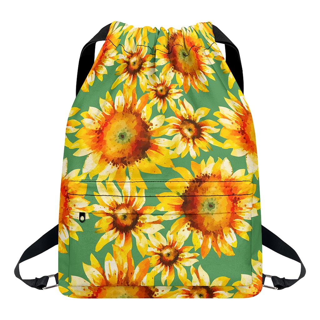 Sage Watercolor Sunflower Pattern Print Drawstring Backpack