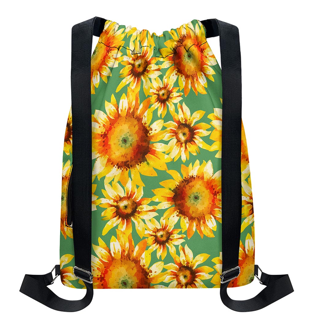Sage Watercolor Sunflower Pattern Print Drawstring Backpack