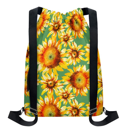 Sage Watercolor Sunflower Pattern Print Drawstring Backpack