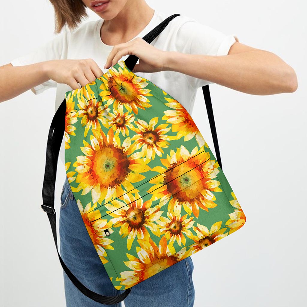 Sage Watercolor Sunflower Pattern Print Drawstring Backpack