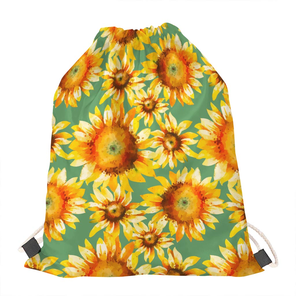 Sage Watercolor Sunflower Pattern Print Drawstring Bag