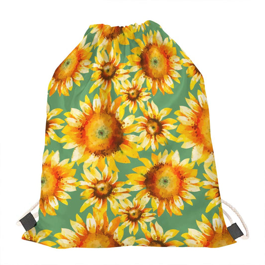 Sage Watercolor Sunflower Pattern Print Drawstring Bag