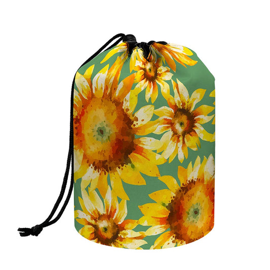 Sage Watercolor Sunflower Pattern Print Drawstring Makeup Bag