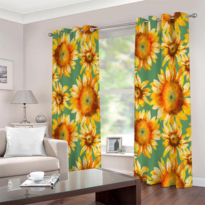 Sage Watercolor Sunflower Pattern Print Extra Wide Grommet Curtains