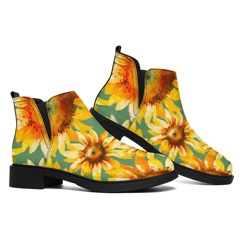 Sage Watercolor Sunflower Pattern Print Flat Ankle Boots