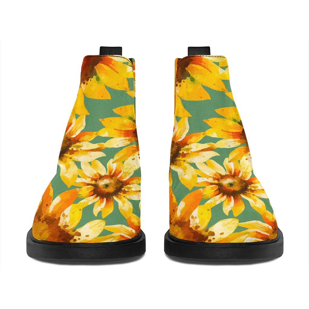 Sage Watercolor Sunflower Pattern Print Flat Ankle Boots